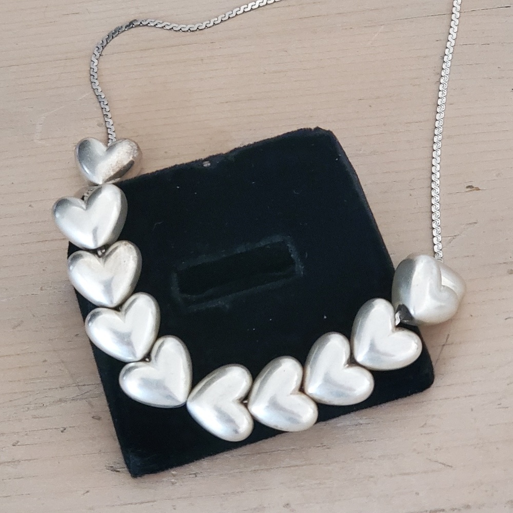 Vintage Zinc Alloy Puff Czech Glass Heart Beaded 925 Sterling Chain Necklace